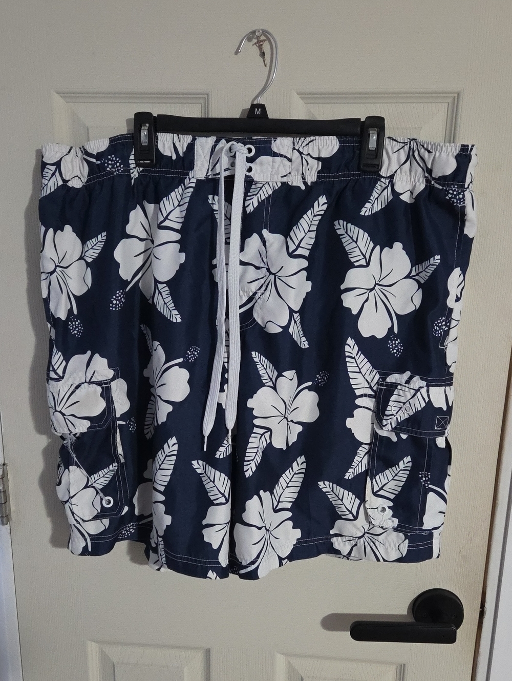 OP Navy and White Floral Swim Trunks